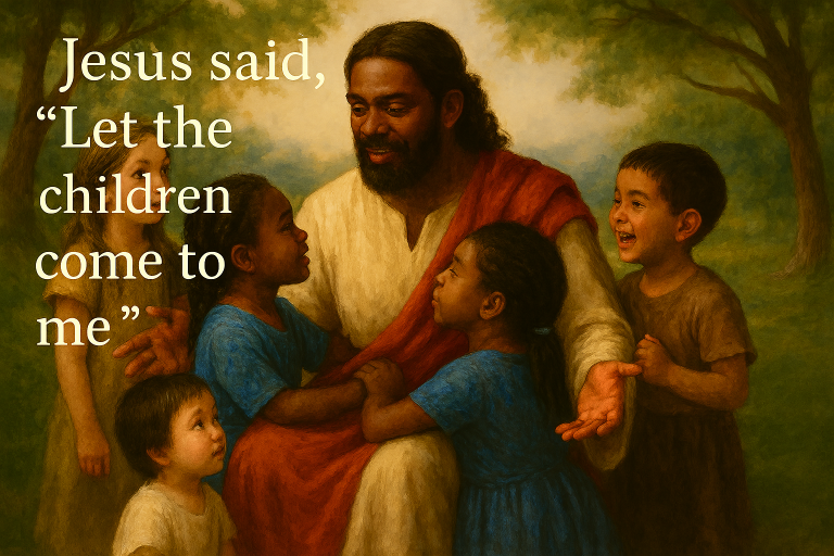 Jesus with Middle Eastern features welcomes children of diverse ethnicities to demonstrate the inclusive nature of our church