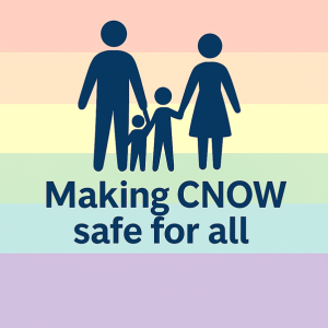 CNOW's safegaurding image showing a family against a rainbow background.